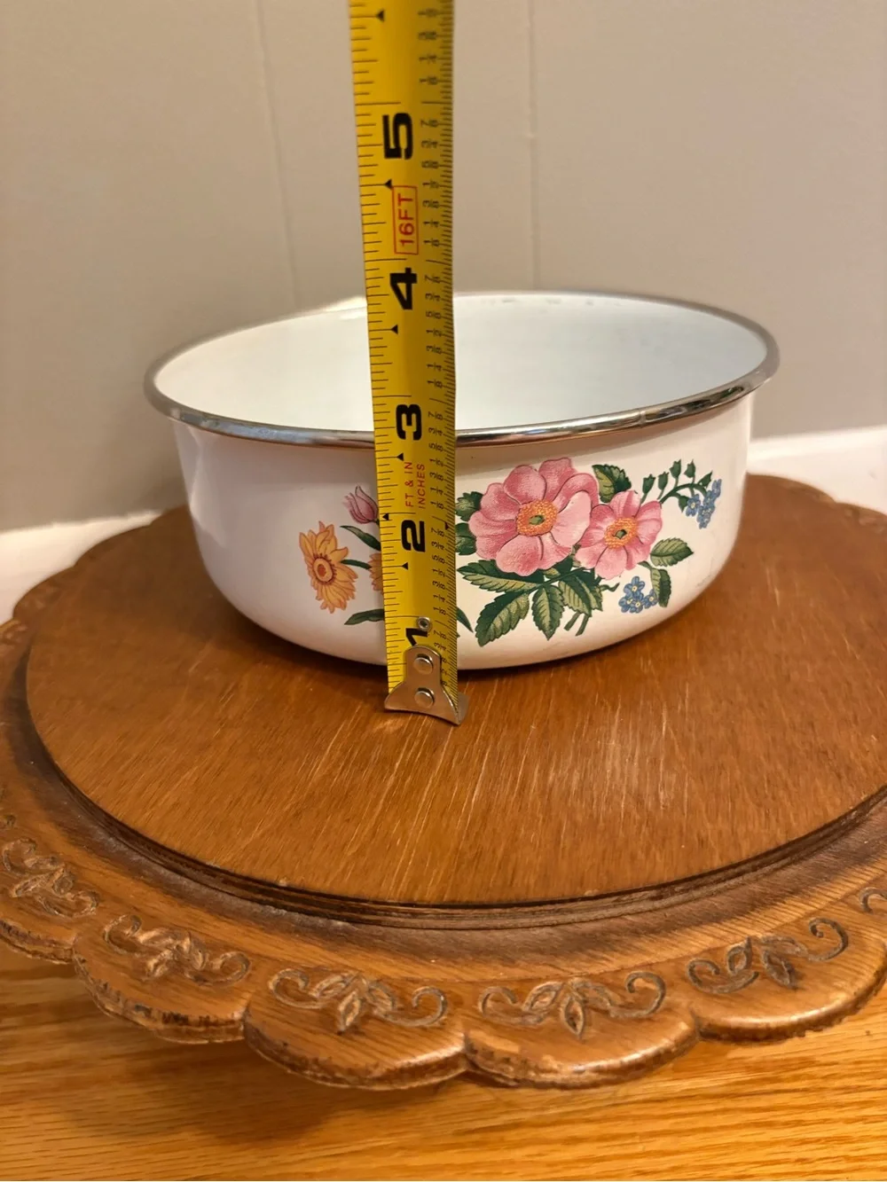 White Floral Enamel Bowl with Pink & Yellow Flowers